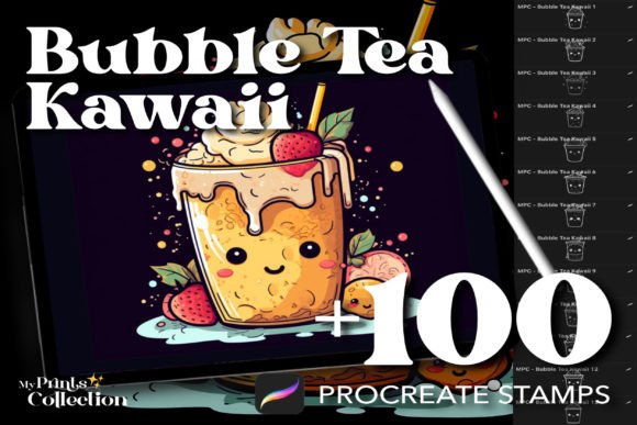 100 Procreate Bubble Tea Kawaii Stamps