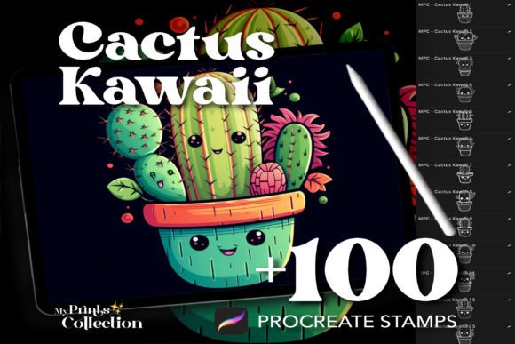 100 Procreate Cactus Kawaii Stamps for Digital Art